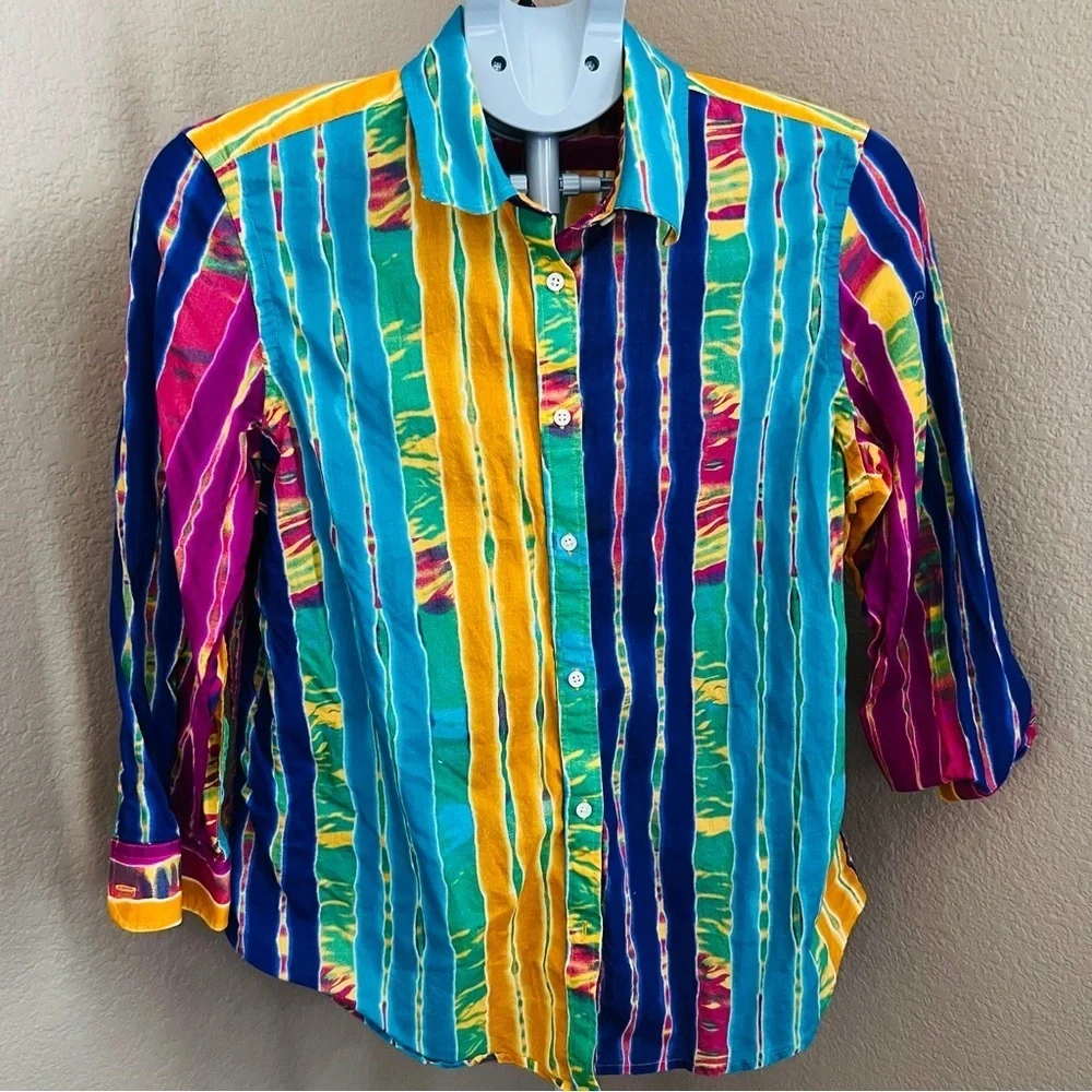Vintage Lauren Ralph Lauren Multicolor Striped Button-Up Shirt Size L. - Picture 2 of 8